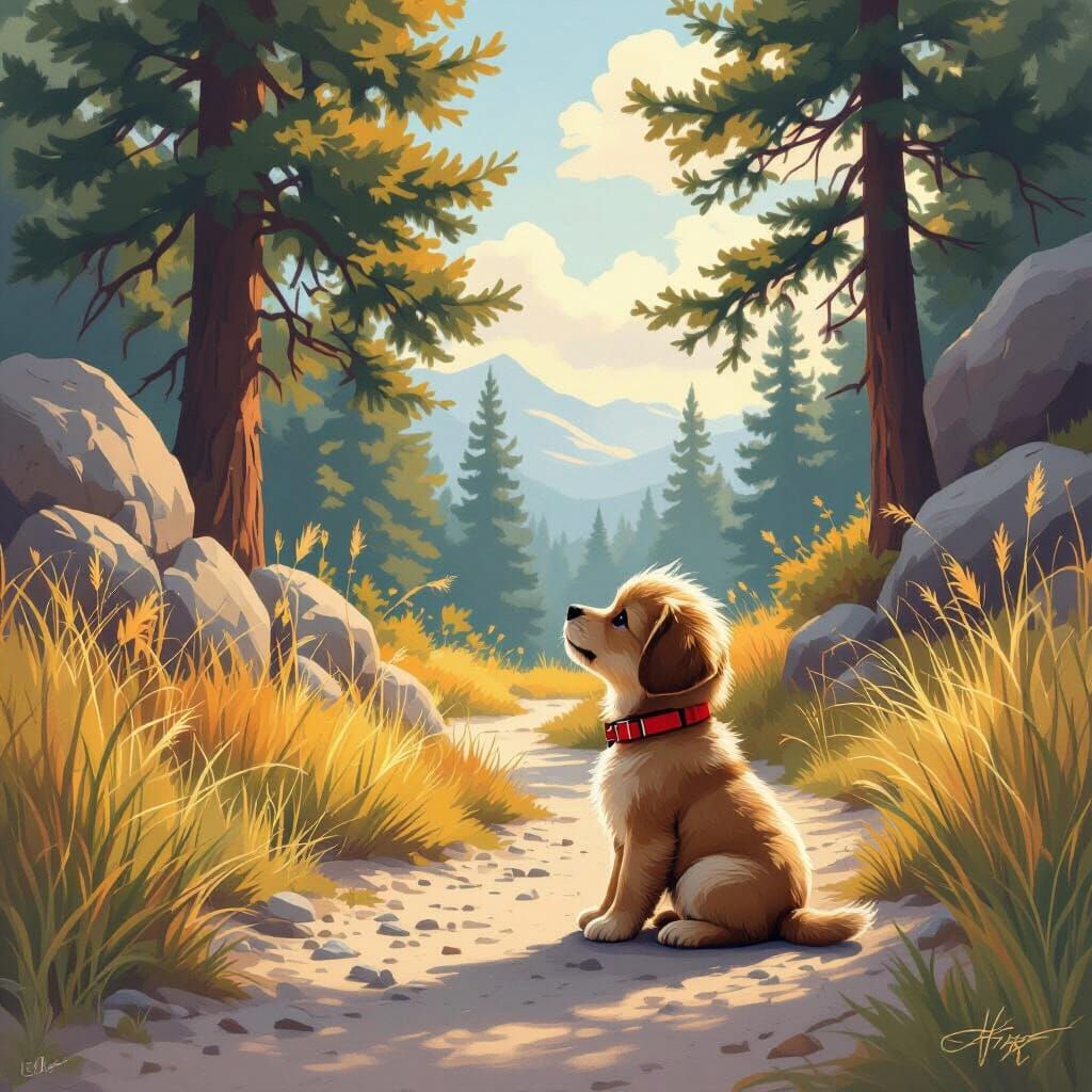 Puppy on Gravel Path in Vibrant Digital Art Style