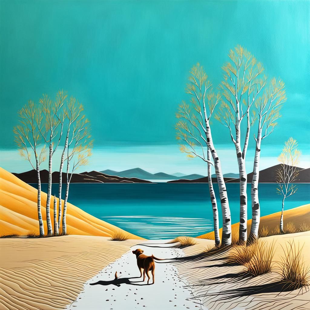 Dog Walking on Beach Promenade in Hyperrealism