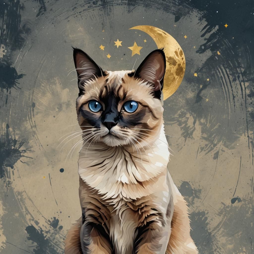 Calico Cat Gazing at Moon in Pop Art Style