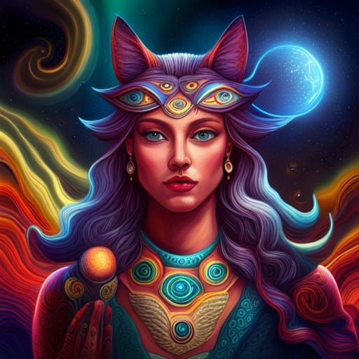 Cosmic Cat Witch Illustration in Astral Style