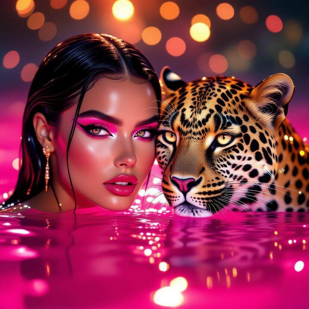 Woman and Leopard Emerge from Pink Water in Cinematic Style