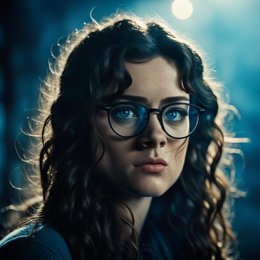 Dramatic Film Still of Girl with Blue Eyes