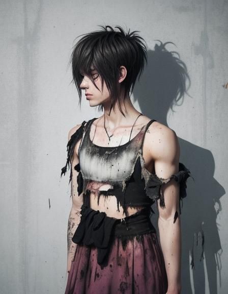 Sad Boy in Torn Feminine Clothes