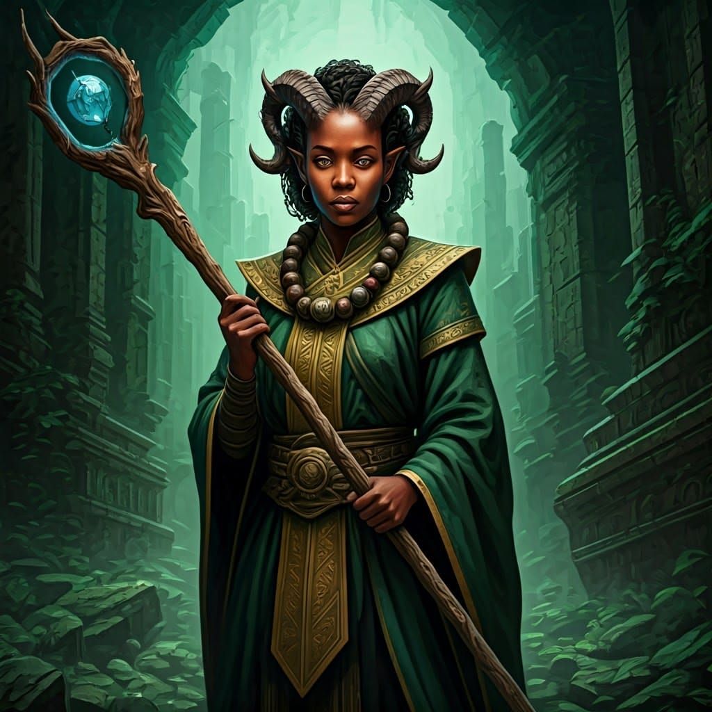 Tiefling Monk in Green Robes with Mystical Staff