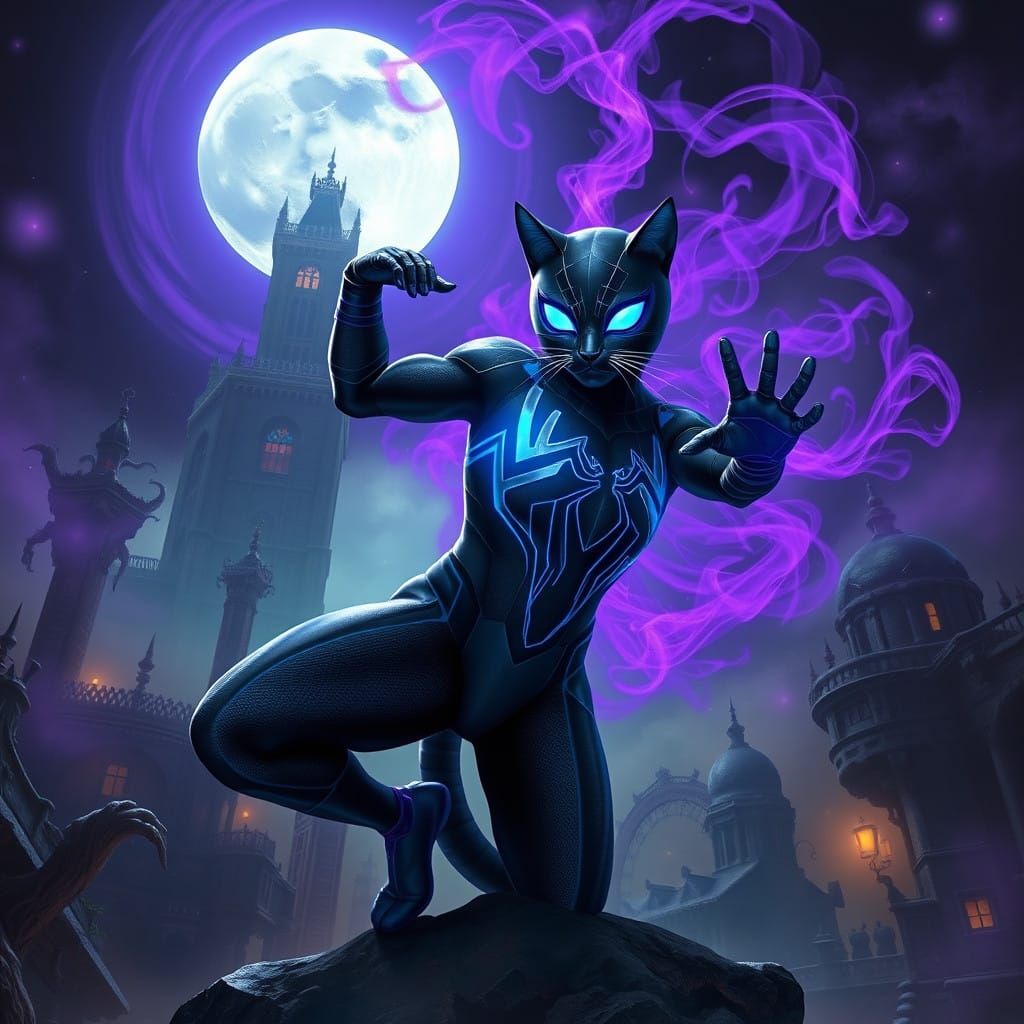 Majestic Spidercat Hero in Moonlit Metropolis