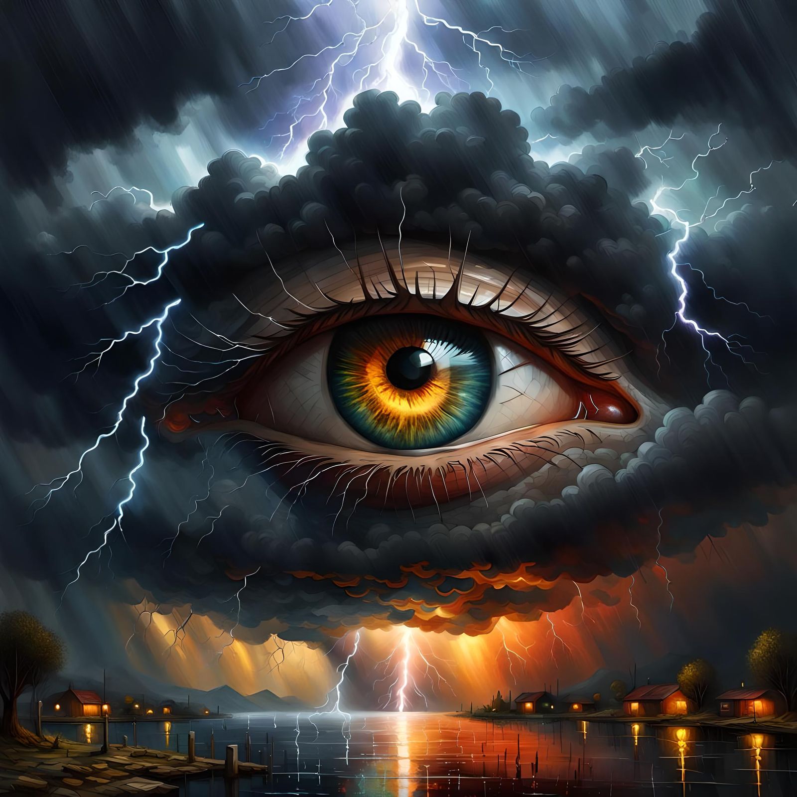 Sinister Eye Reflecting Apocalyptic Storm in Pointillism