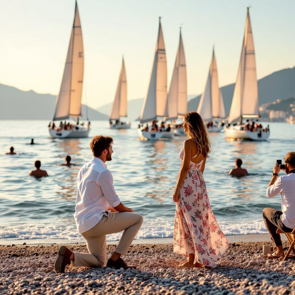 Romantic Beach Scene with Yacht Race, Hyperrealistic Style