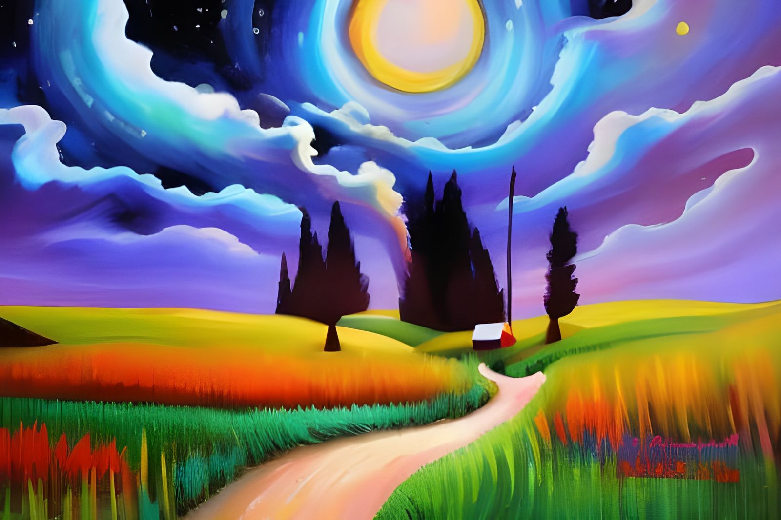 Beautiful Sun and Moon in Neo-Impressionism Style