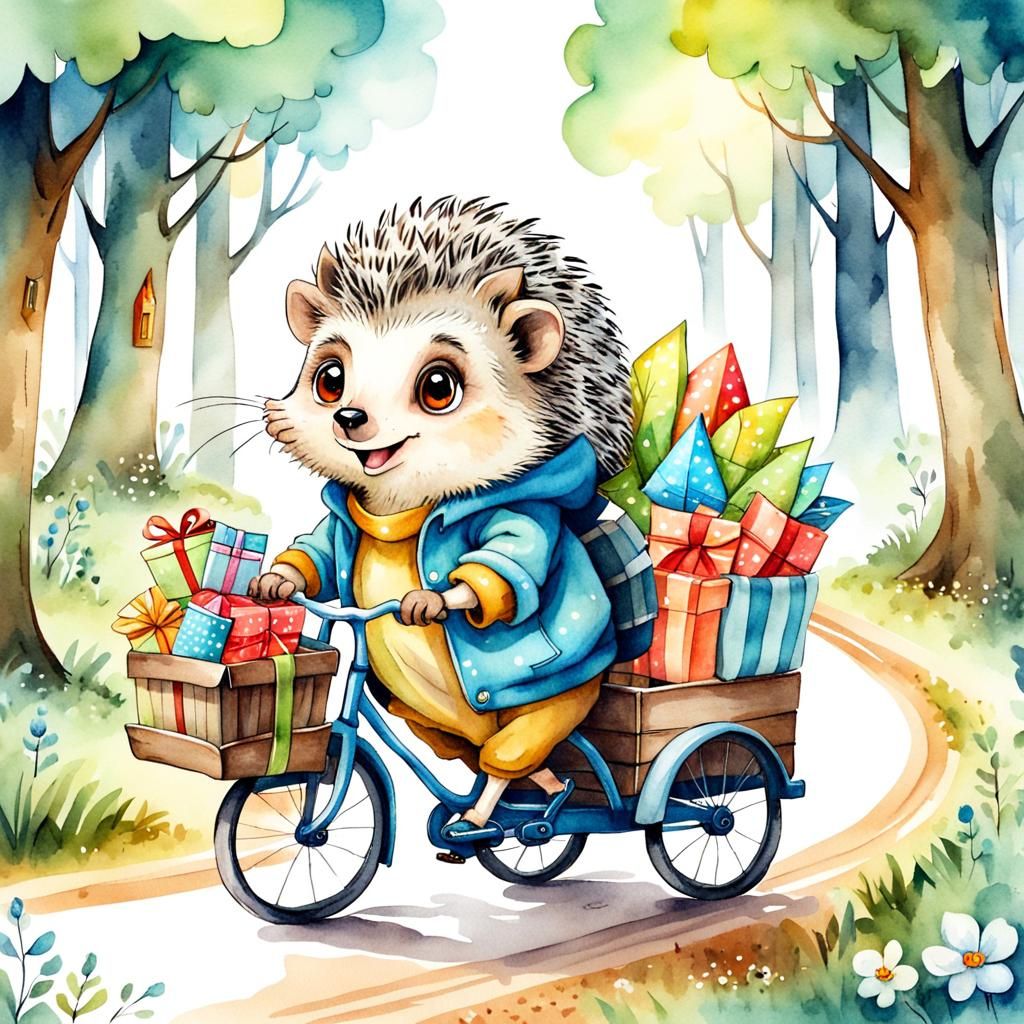 Smiling Hedgehog Rides Bike Through Fairy-Tale Forest