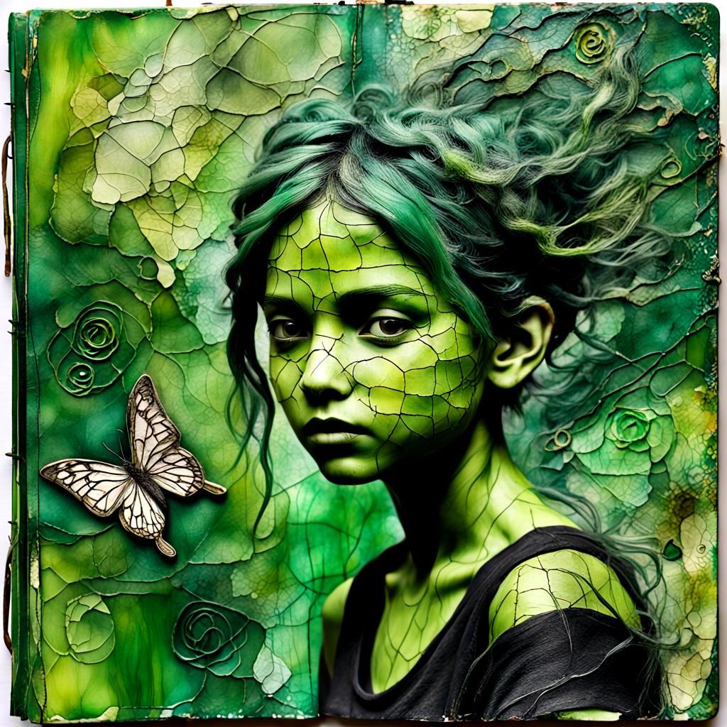 Green-Skinned Pixie in Mixed Media Encaustic Style