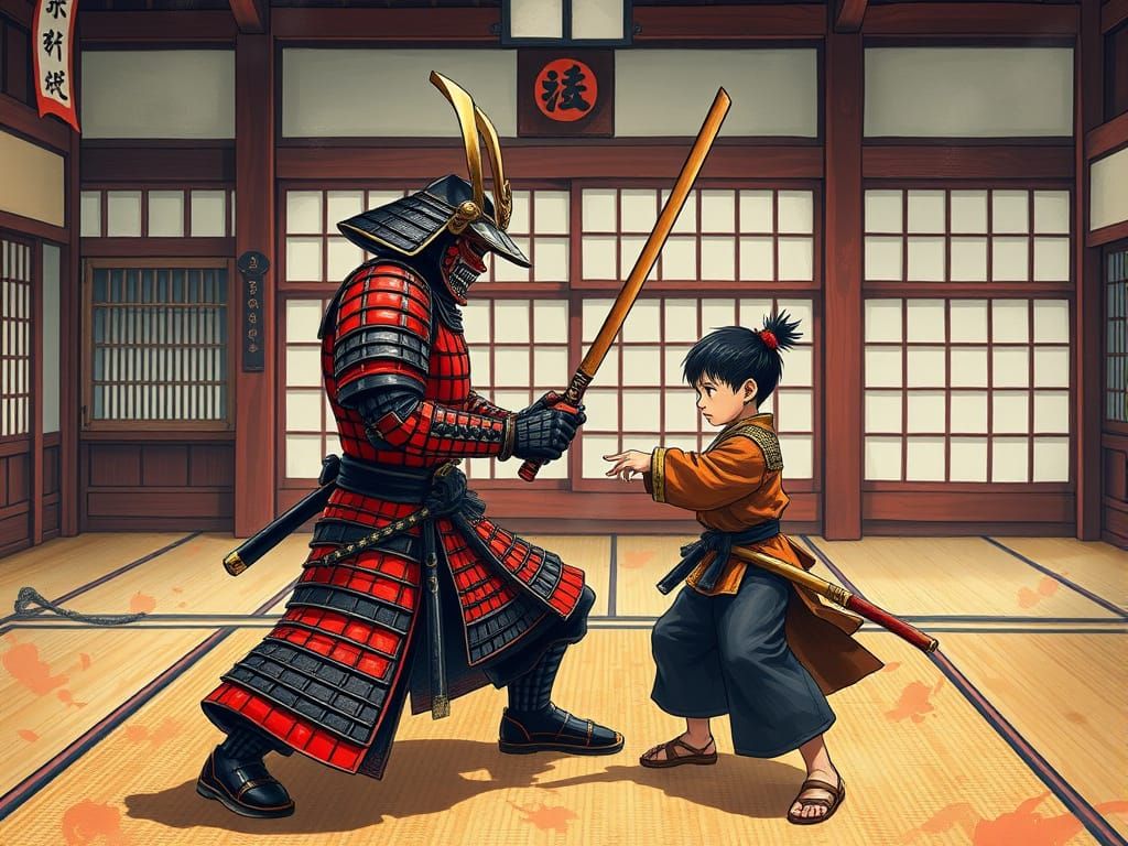 Samurai and Son Duel in Dojo, Hokusai Style