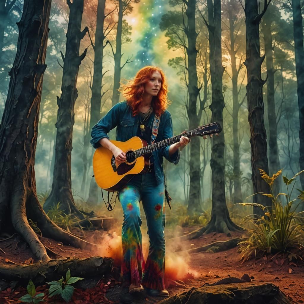 Hippie Guitarist in a Trippy Digital Watercolor Dreamscape