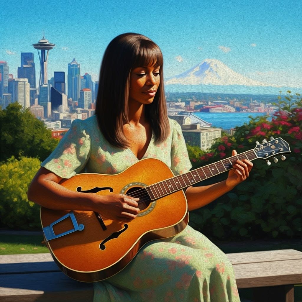 Woman Playing Guitar in Impressionistic Oil Painting