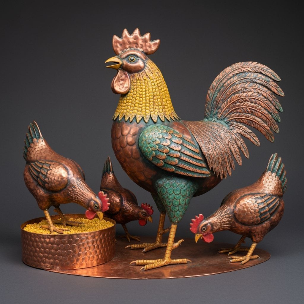 Whimsical Copper Cockerel in Folk Art Style