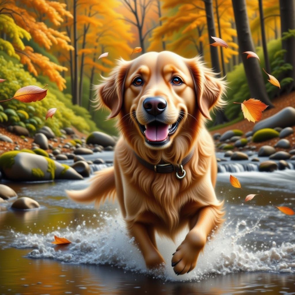 Golden Retriever Running Through Vibrant Autumn Forest
