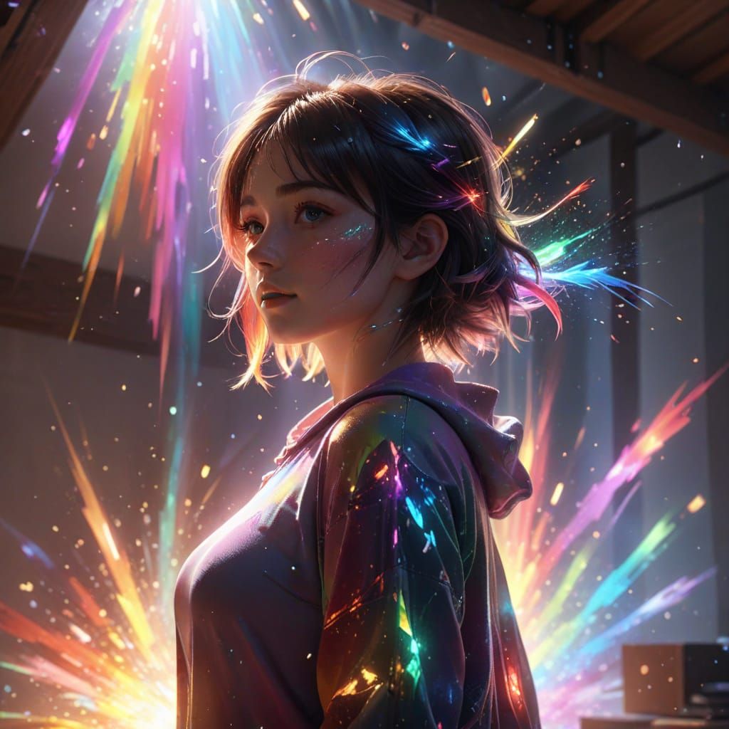 Woman in Room with Rainbow Light, Anime Art