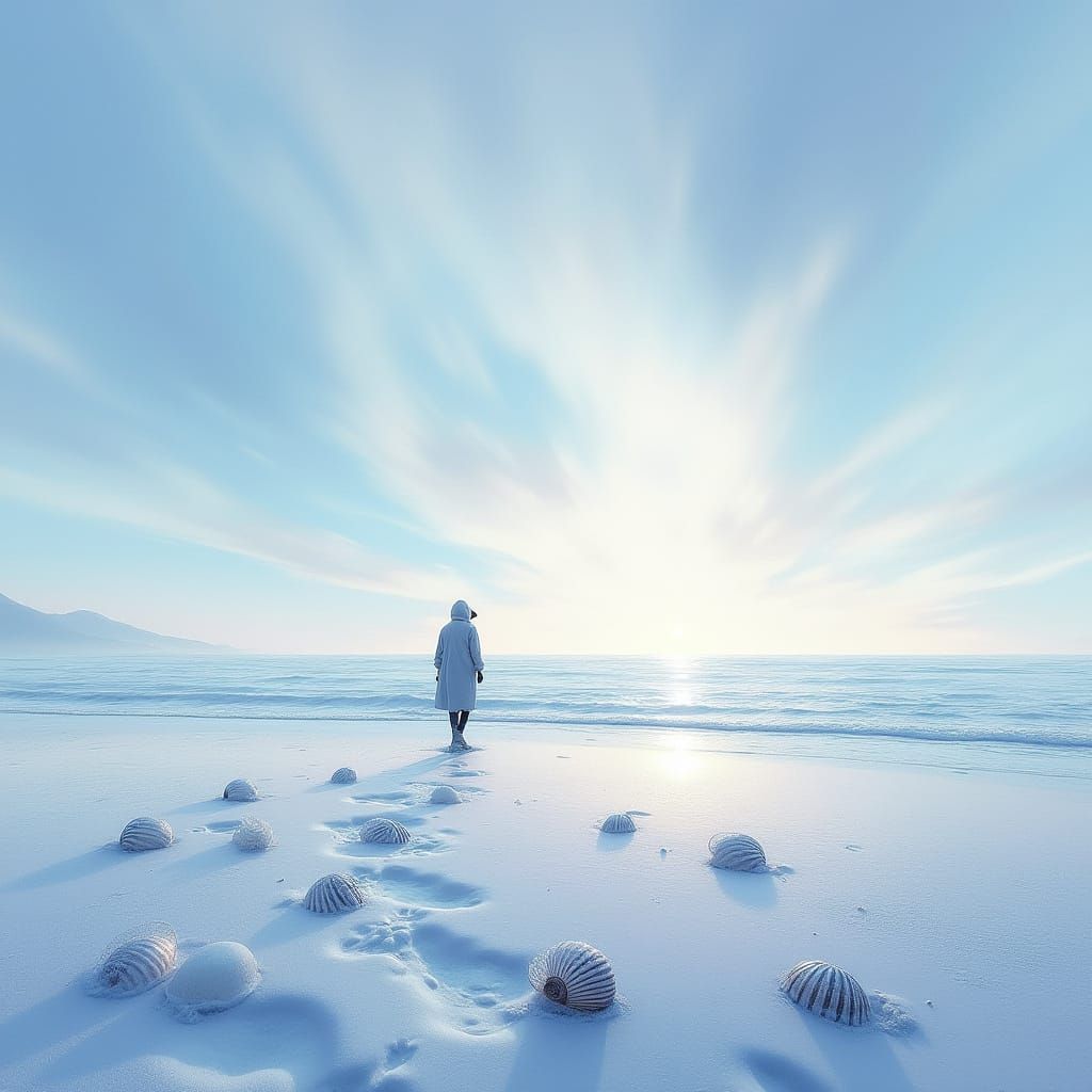Winter Beach Serenity: Frozen Seashells and Icy Sands