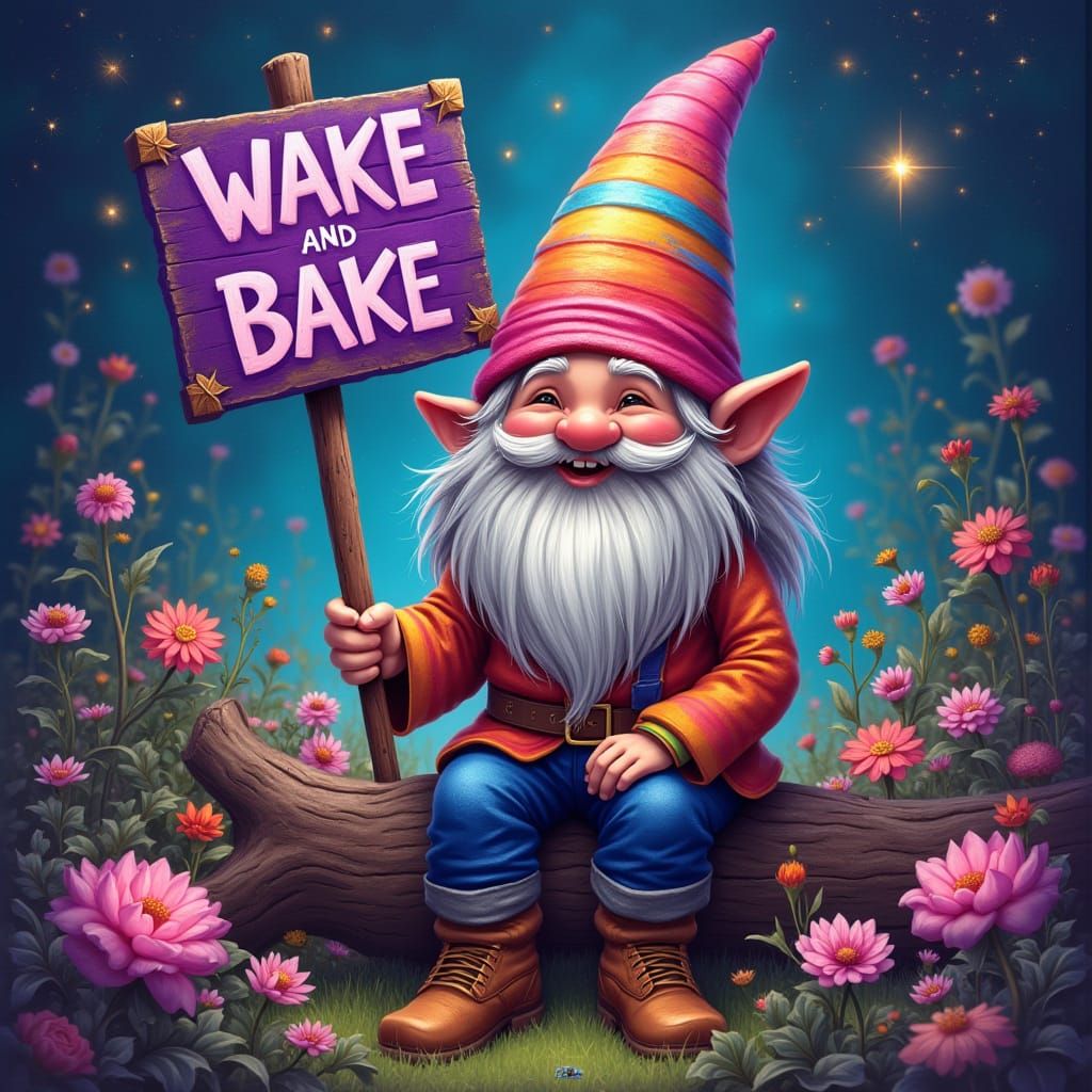 Smiling Gnome with Sign in Astral Landscape