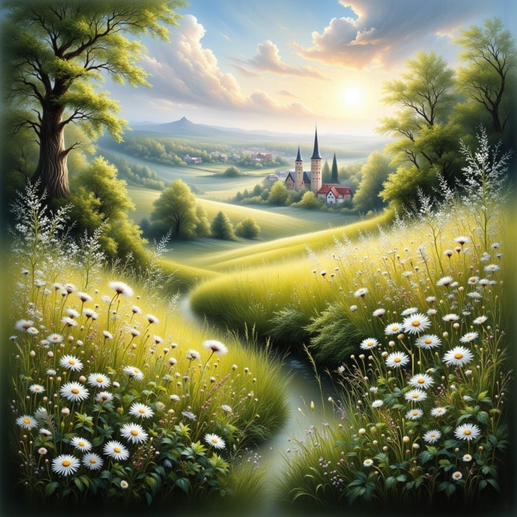 Impressionist Meadow Scene with Distant Village