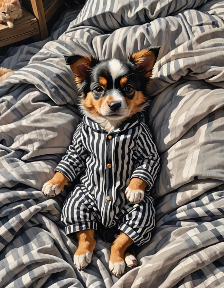 Dog in Striped Pajamas, Oil Painting Style
