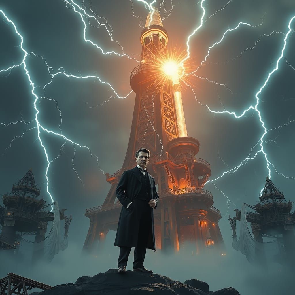 Tesla and Wardenclyffe Tower in Cyberpunk Style