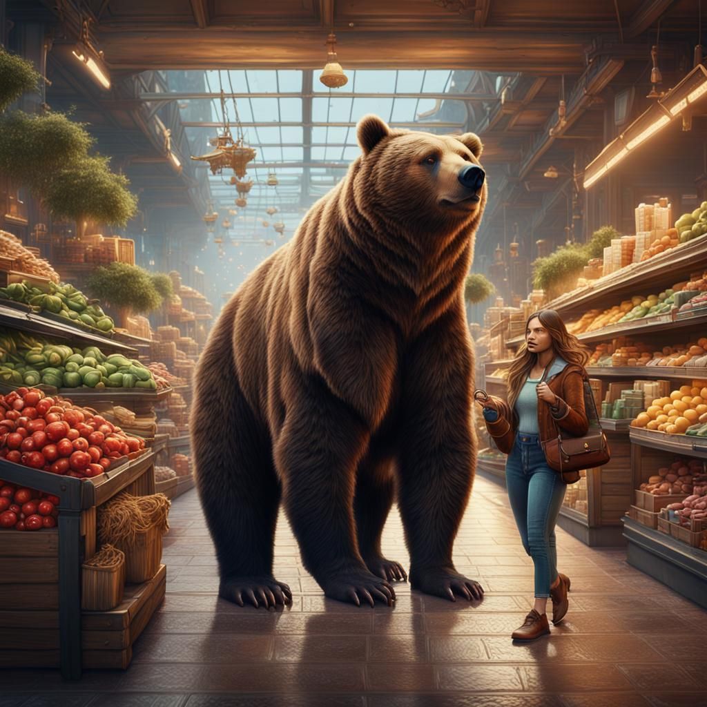 Bear Couple Shopping: Detailed Fantasy Concept Art