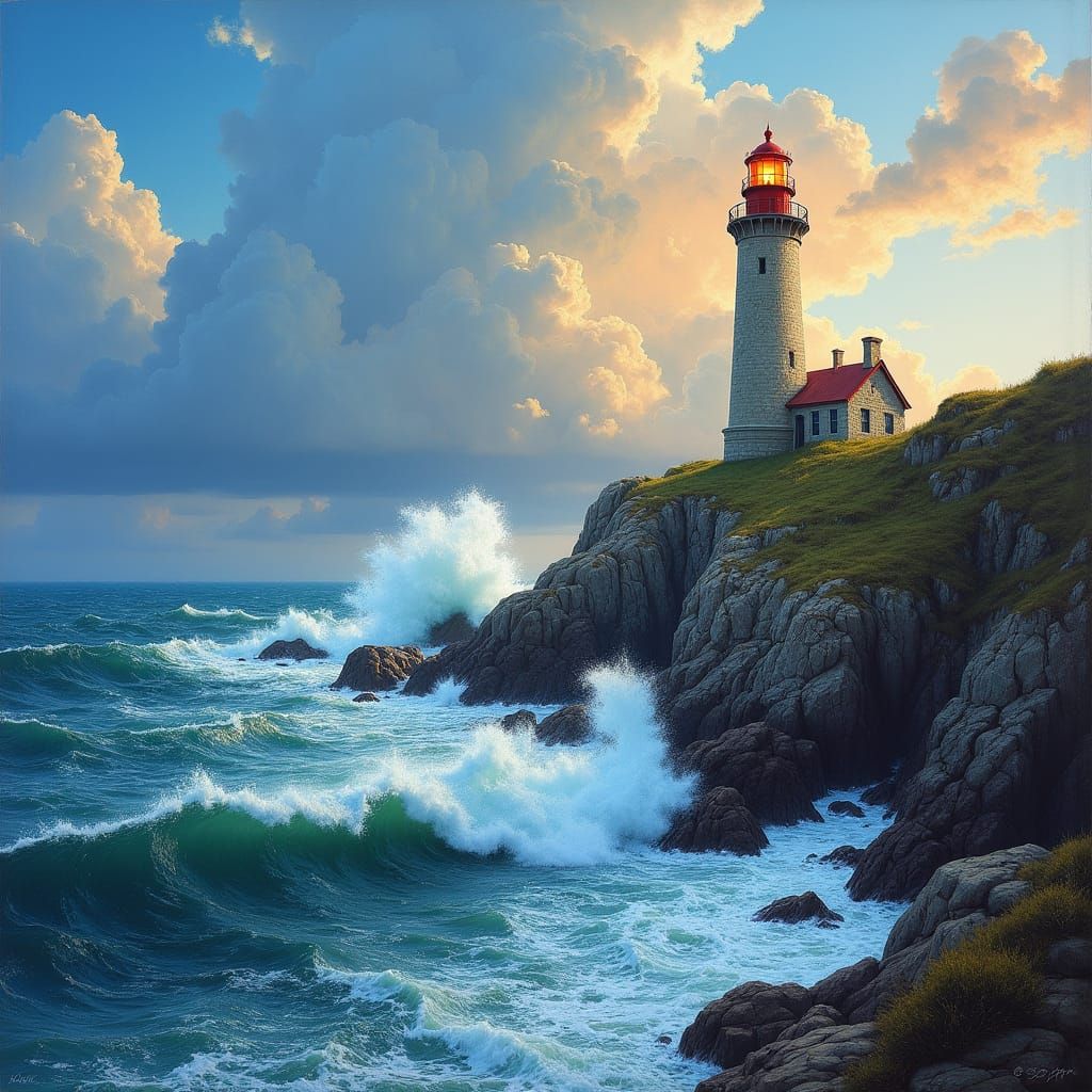 Lighthouse on Cliffside Overlooking a Turbulent Sea