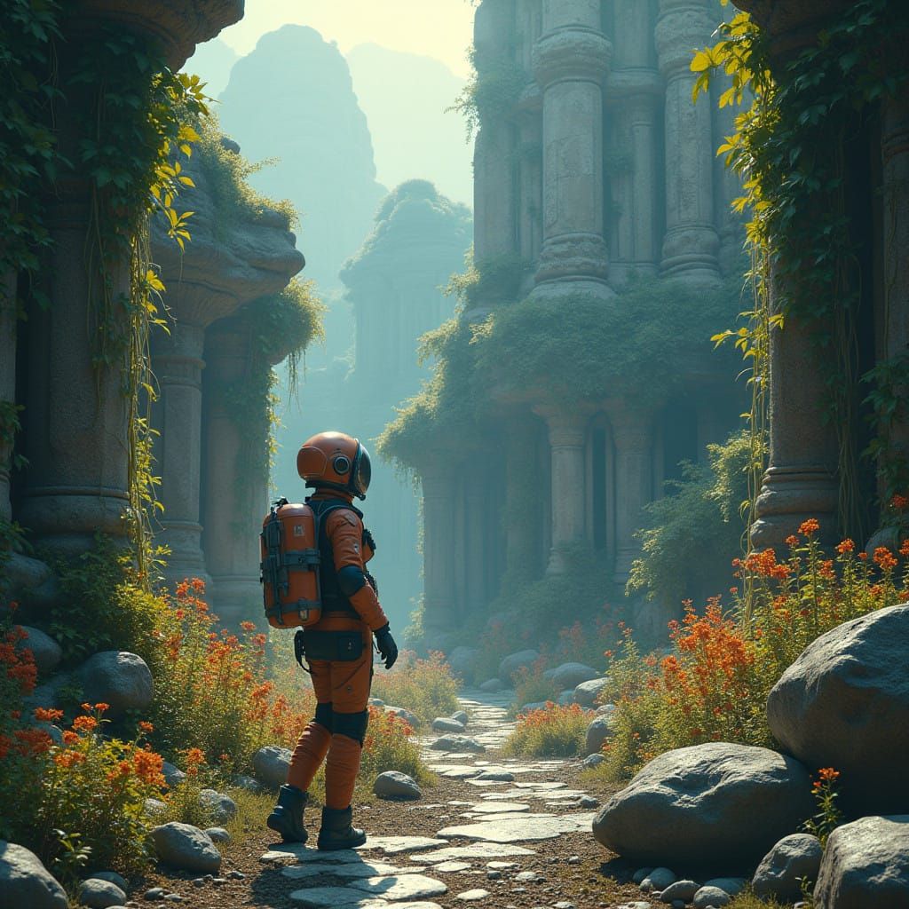 Sexy Alien Explorer in Abandoned, Futuristic Ruins