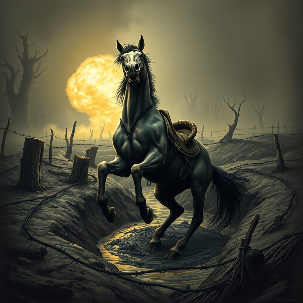 Terrified Horse in World War Trench, Etching Style