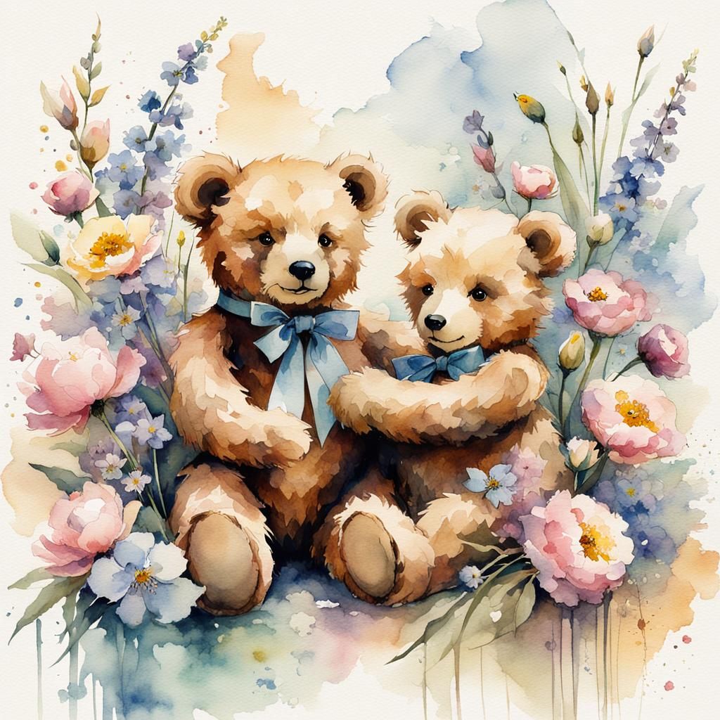 Romantic Teddy Bears in Watercolor Flower Garden
