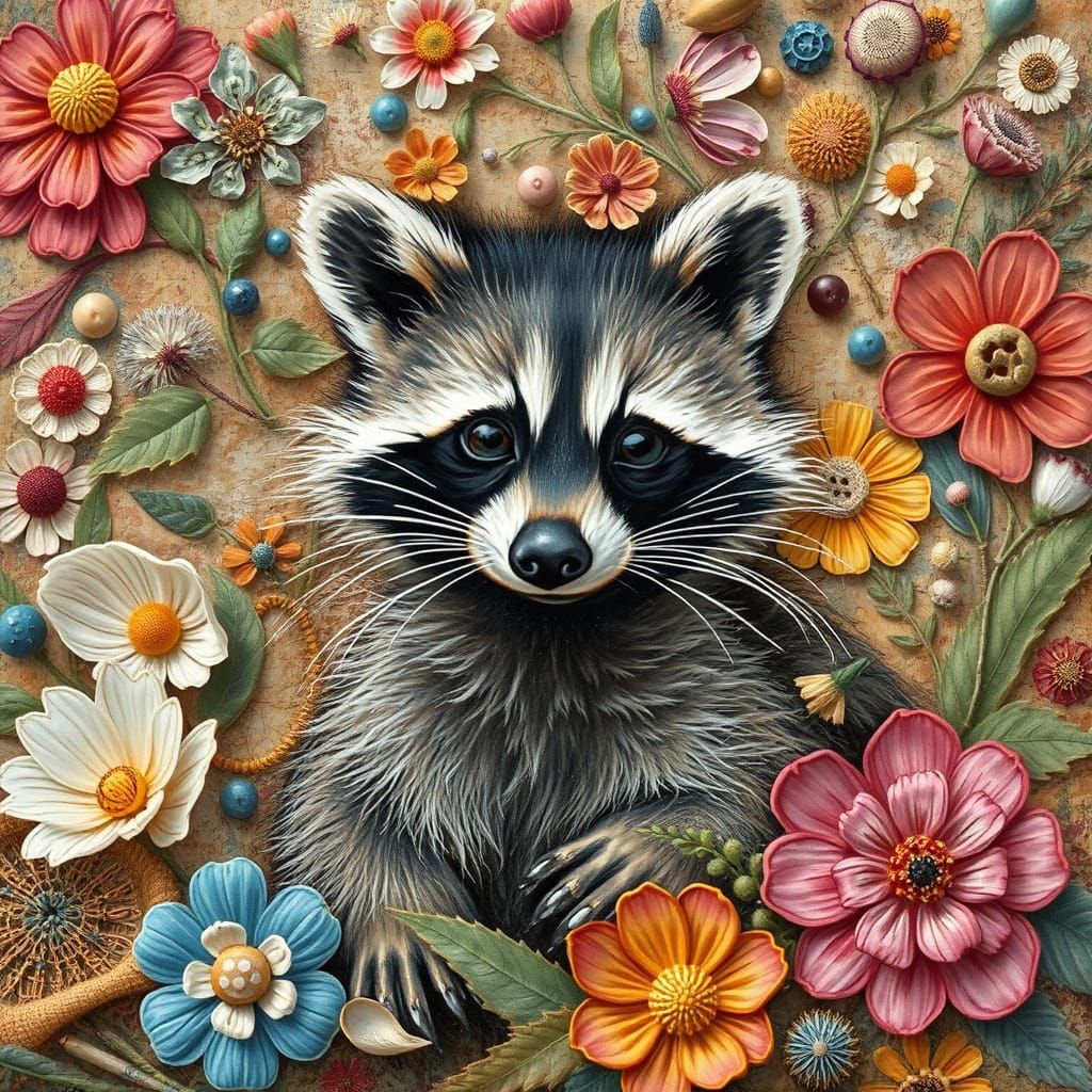 Steampunk Raccoon Quilt in Vibrant Mixed Media