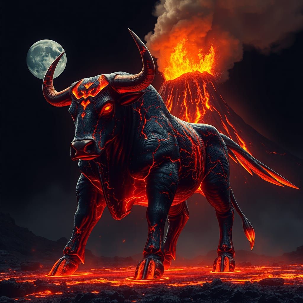 Lava Bull Sentinel Beside Erupting Volcano