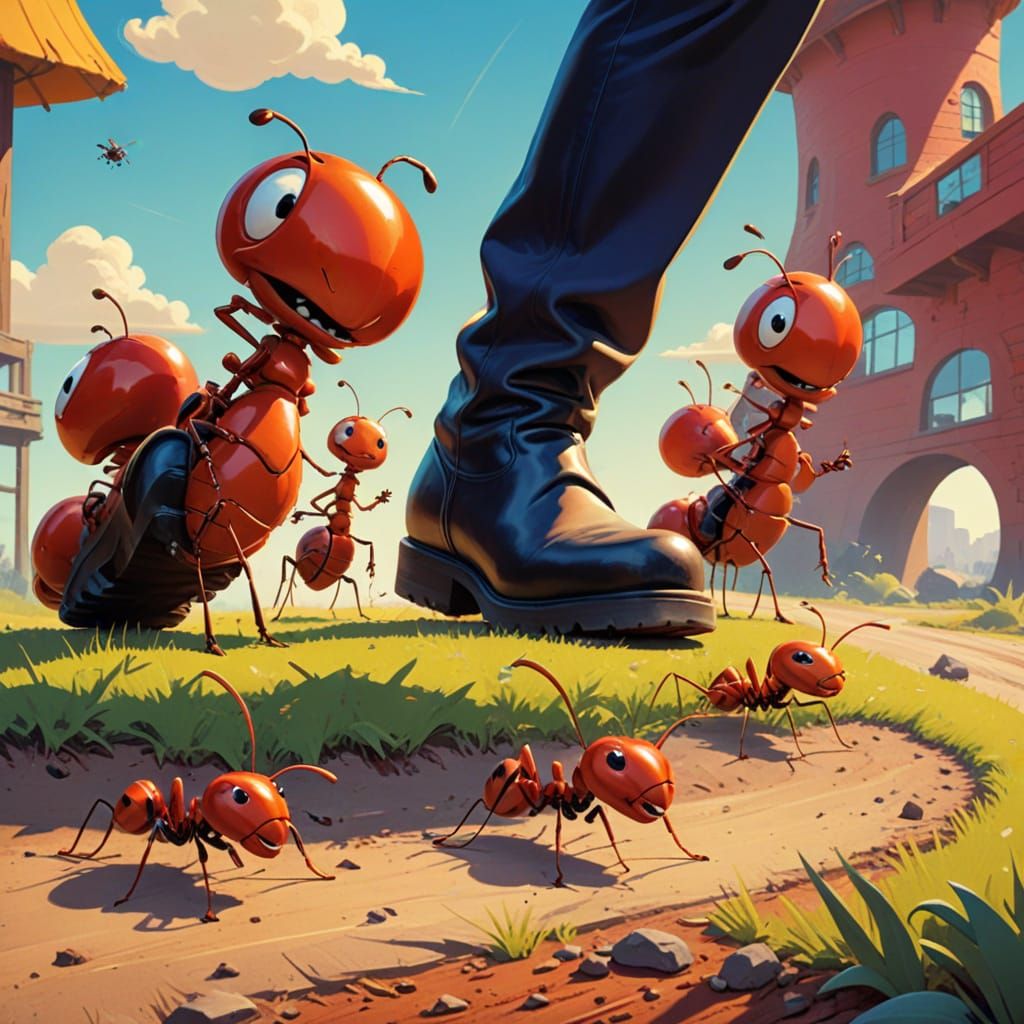 Vibrant Cartoon Ants Face Off Against Giant Boot