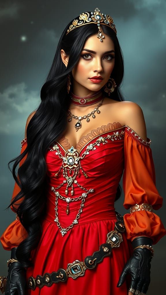 Frontier Belle Outlaw Poses with Confidence in Elegant Ridin...