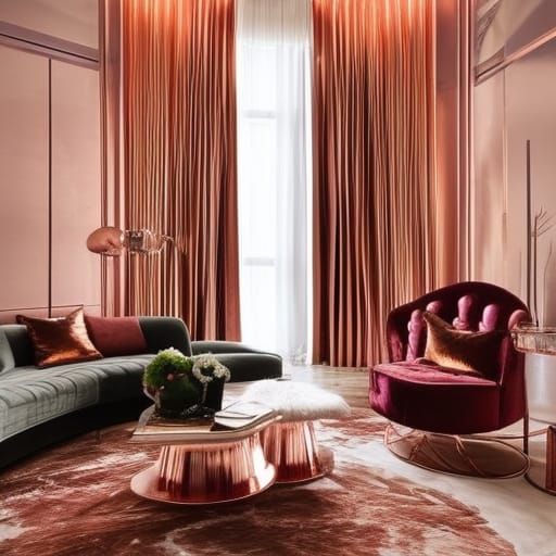 Luxurious penthouse with copper walls& Rose gold accents& Beautiful copper windows with Rose gold curtains& Rose gold fu...