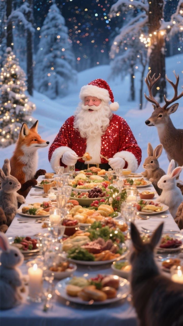 Santa Claus Enjoys Christmas Dinner With Woodland Animals