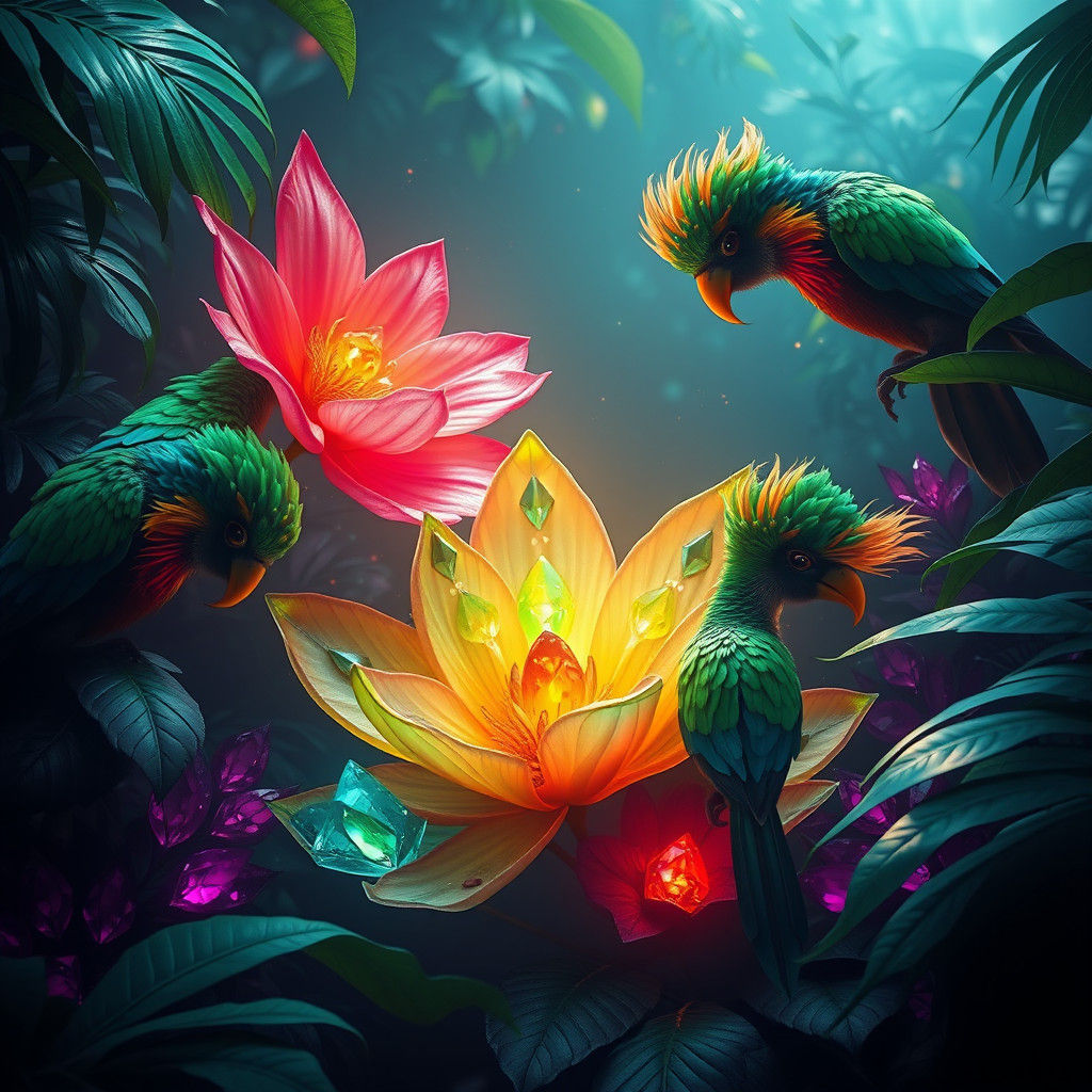 Gem Flowers and Emerald Birds in Jungle Art