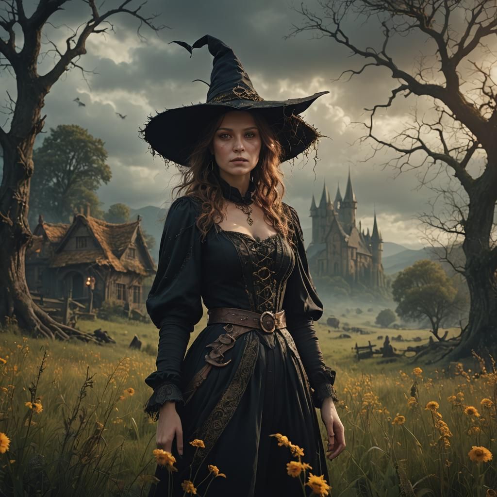Dramatic Witch in Meadow Digital Painting