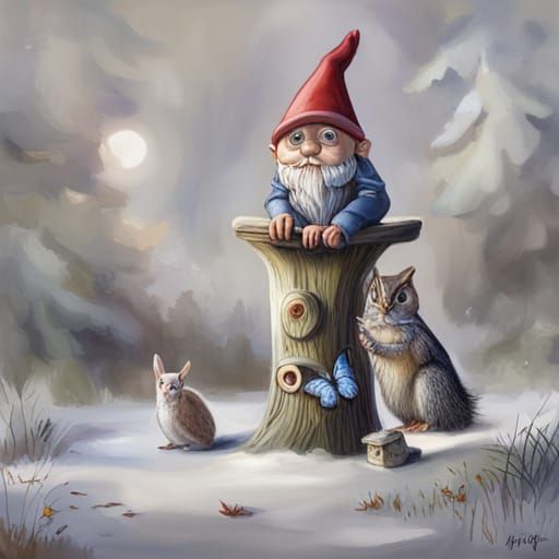 Enchanting Gnome and Forest Friends in Sunlit Woods