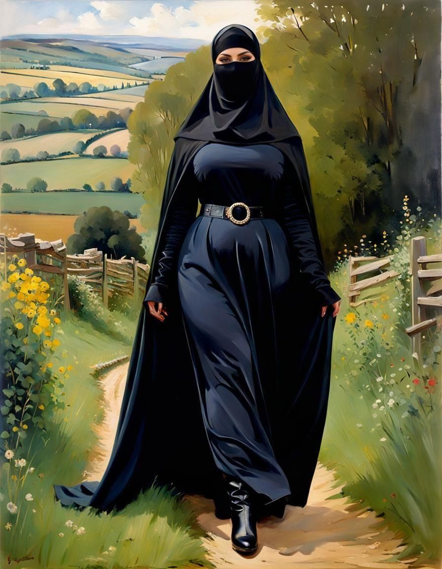 Niqabi Woman in Countryside, Oil and Gouache Painting