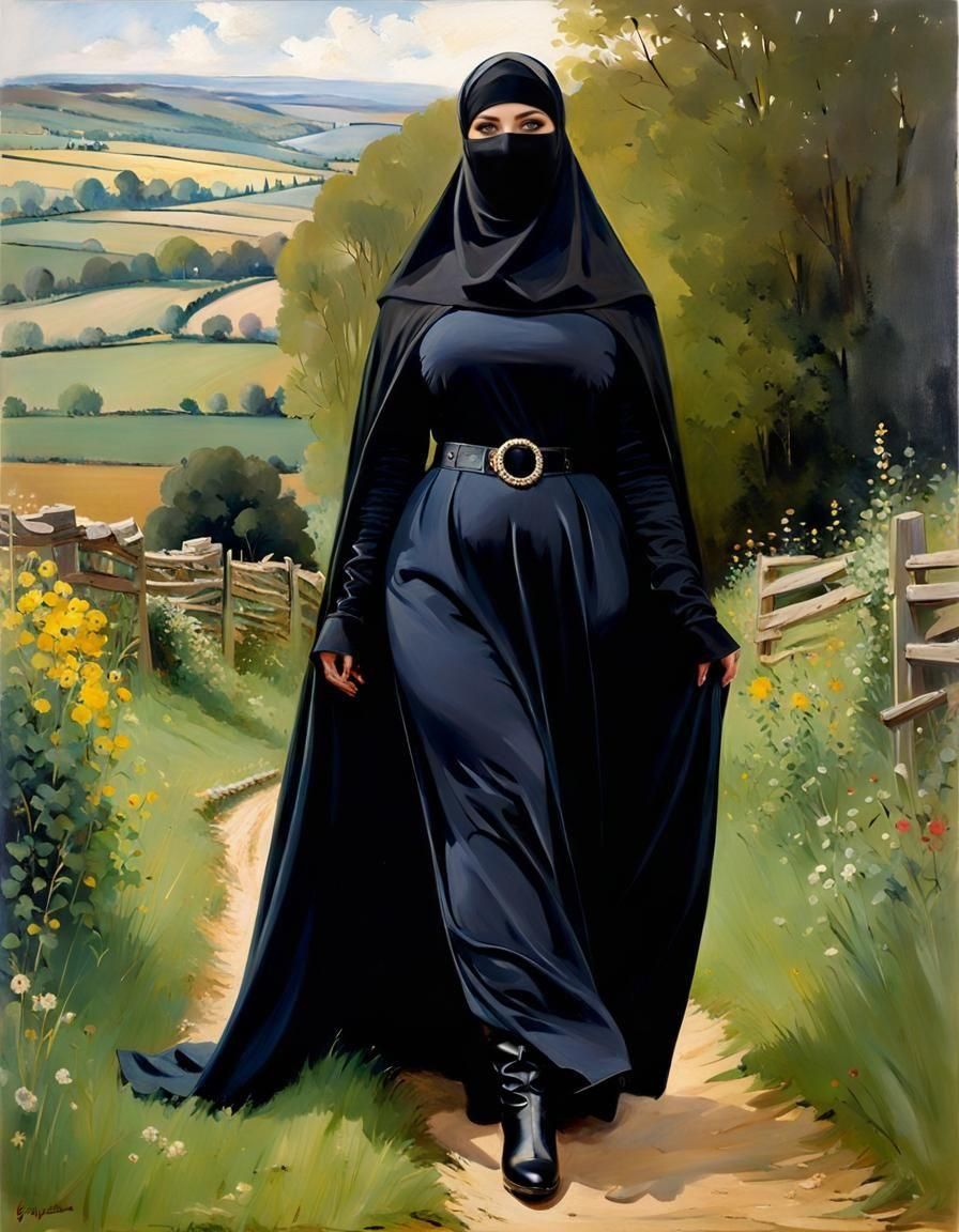 Niqabi Woman in Countryside, Oil-Guache Style