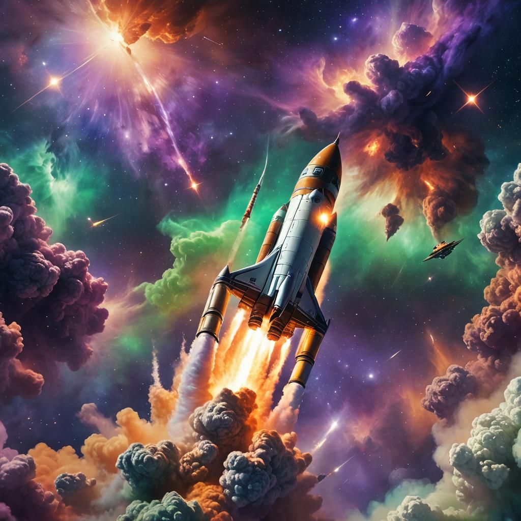 Rocket Soaring Through Nebula: Sci-Fi Digital Art