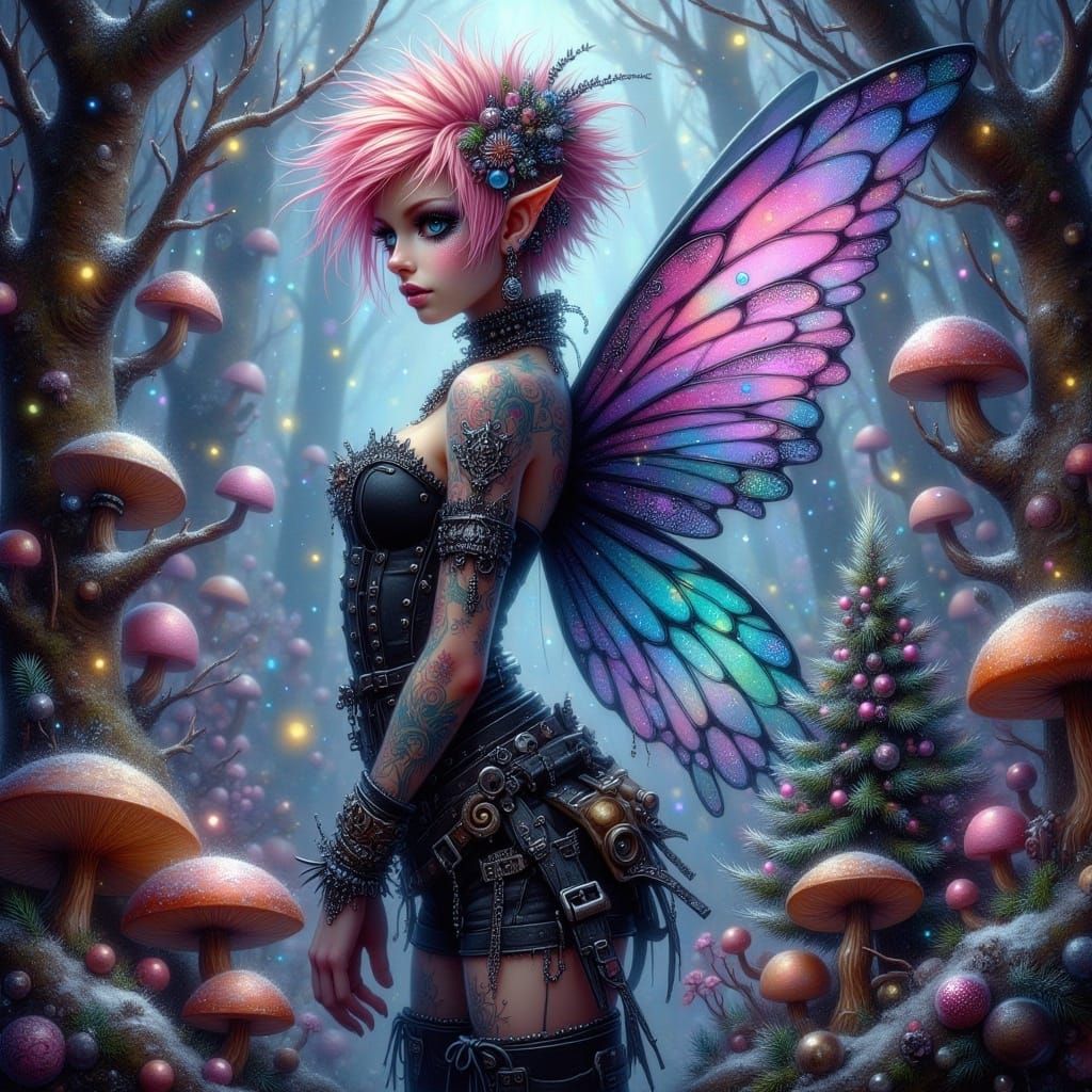 Fairy Punk in Winter Forest with Iridescent Wings