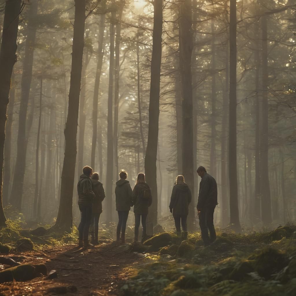 Family Grieves in Forest Cemetery: Cinematic Film Still