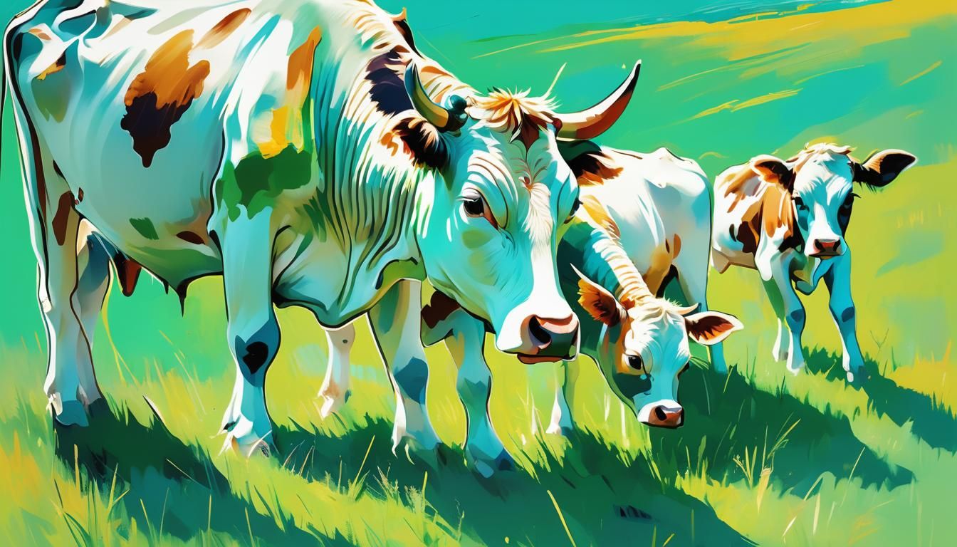 Cow and Calf in Meadow, Abstract Line Drawing