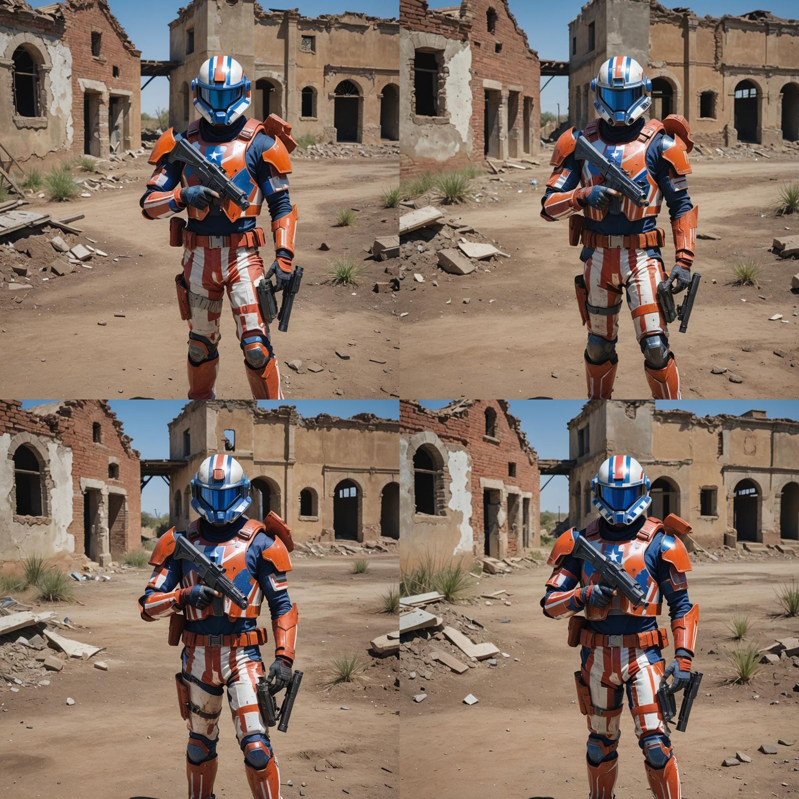 Futuristic Soldier with Striped Armor and Pistol