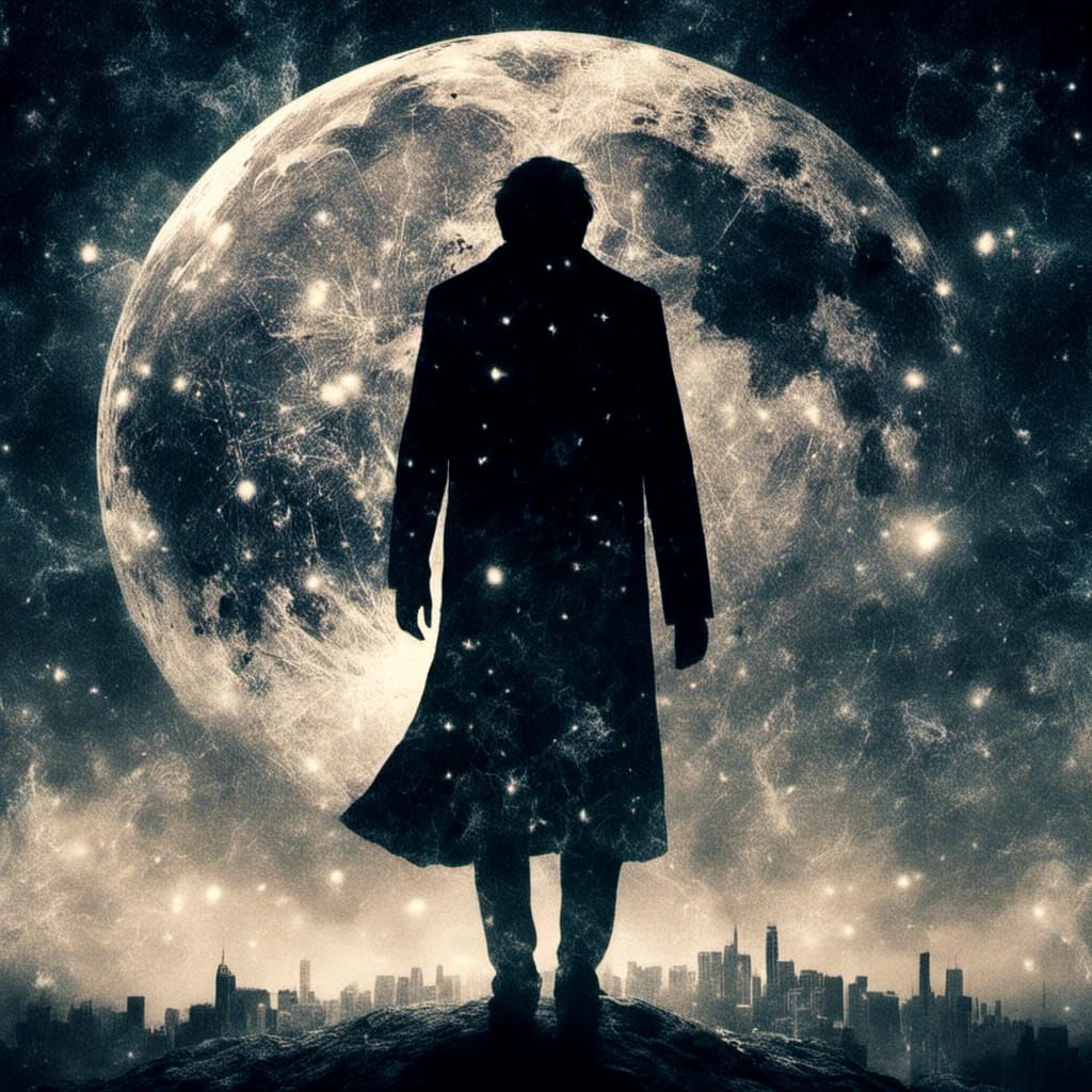 Wise Man Silhouette with Galaxy Cat Double Exposure