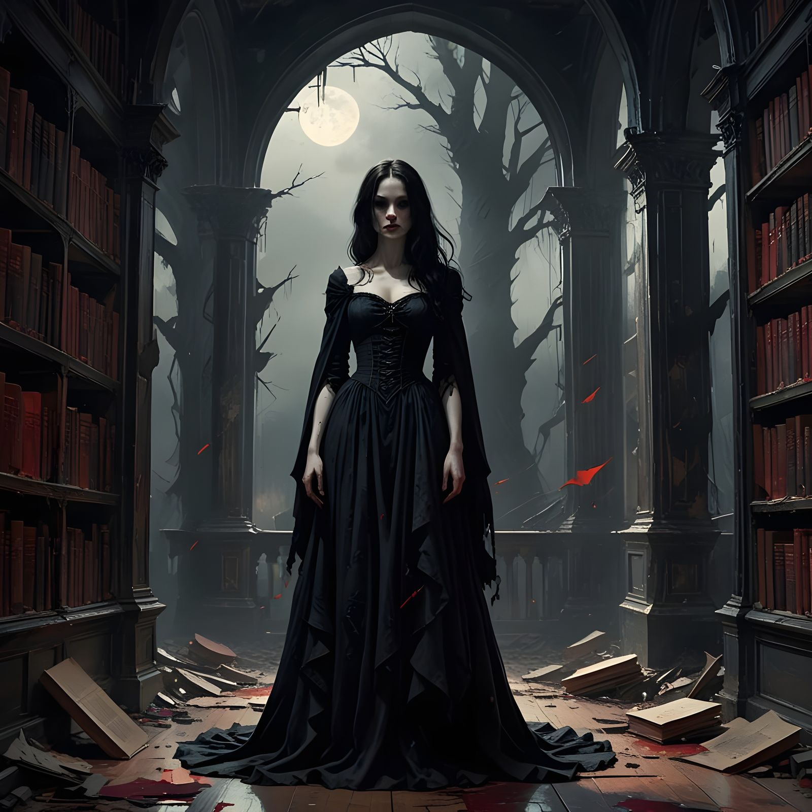 Gothic Vampire in Crumbling Library: Digital Gouache Impasto