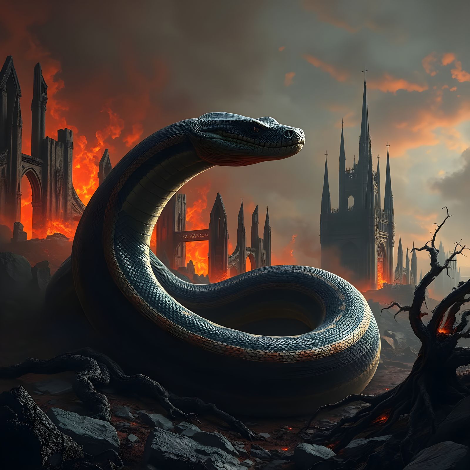 Elegant Anaconda Unfurls in Dramatic Digital Landscape