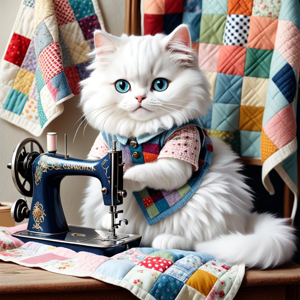 Hipster Cat at Sewing Machine with Quilt